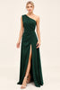 Load image into Gallery viewer, One Shoulder Pine Ruched Long Bridesmaid Dress with Slit