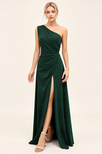 One Shoulder Pine Ruched Long Bridesmaid Dress with Slit