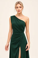 Load image into Gallery viewer, One Shoulder Pine Ruched Long Bridesmaid Dress with Slit