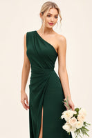 Load image into Gallery viewer, One Shoulder Pine Ruched Long Bridesmaid Dress with Slit