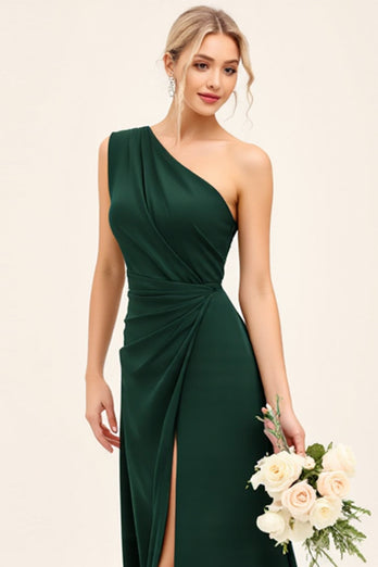 One Shoulder Pine Ruched Long Bridesmaid Dress with Slit