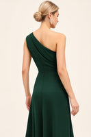 Load image into Gallery viewer, One Shoulder Pine Ruched Long Bridesmaid Dress with Slit