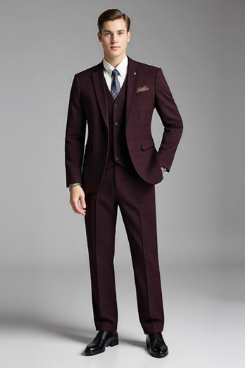 Slim Fit Checked Burgundy 3 Piece Men's Suit
