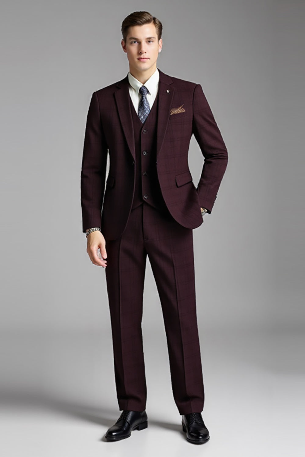 Slim Fit Checked Burgundy 3 Piece Men's Suit