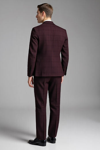 Slim Fit Checked Burgundy 3 Piece Men's Suit