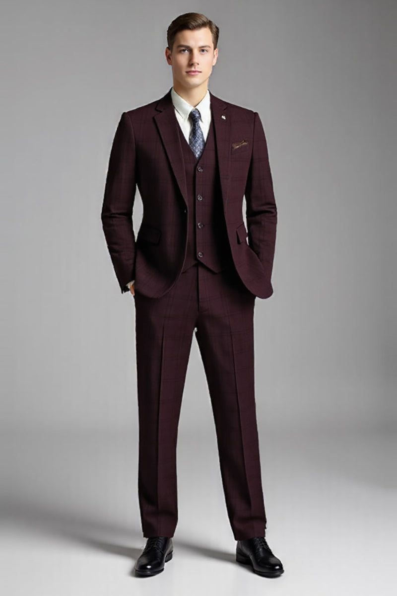 Load image into Gallery viewer, Slim Fit Checked Burgundy 3 Piece Men&#39;s Suit