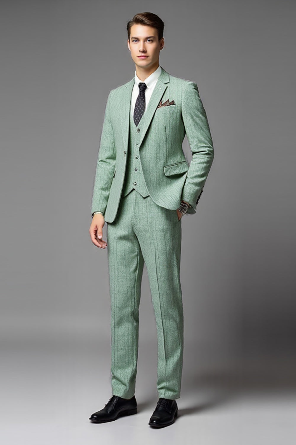 Light Green 3 Piece Slim Fit Textured Men's Suit