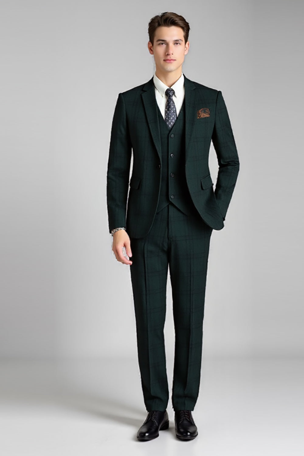 Dark Green Notched Lapel Plaid 3 Pieces Men's Prom Suits