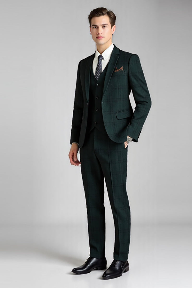Load image into Gallery viewer, Dark Green Notched Lapel Plaid 3 Pieces Men&#39;s Prom Suits
