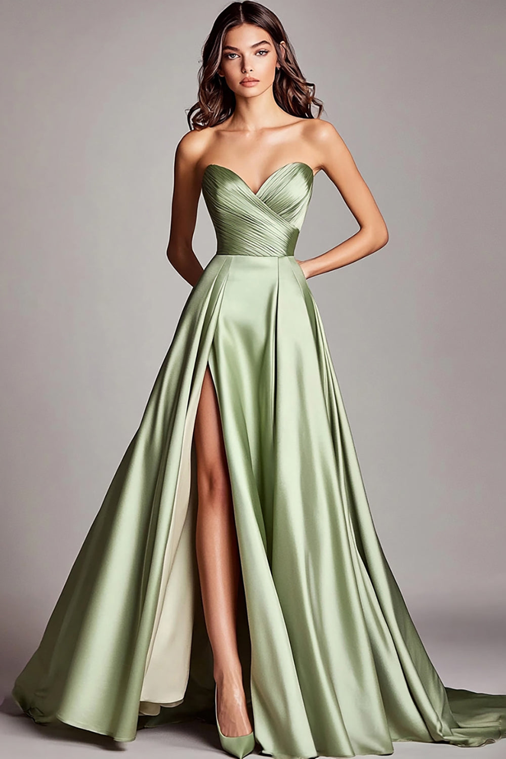 Dusty Sage Strapless A Line Ruched Long Prom Dress with Slit