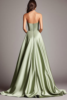 Dusty Sage Strapless A Line Ruched Long Prom Dress with Slit