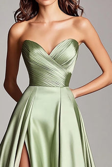 Dusty Sage Strapless A Line Ruched Long Prom Dress with Slit