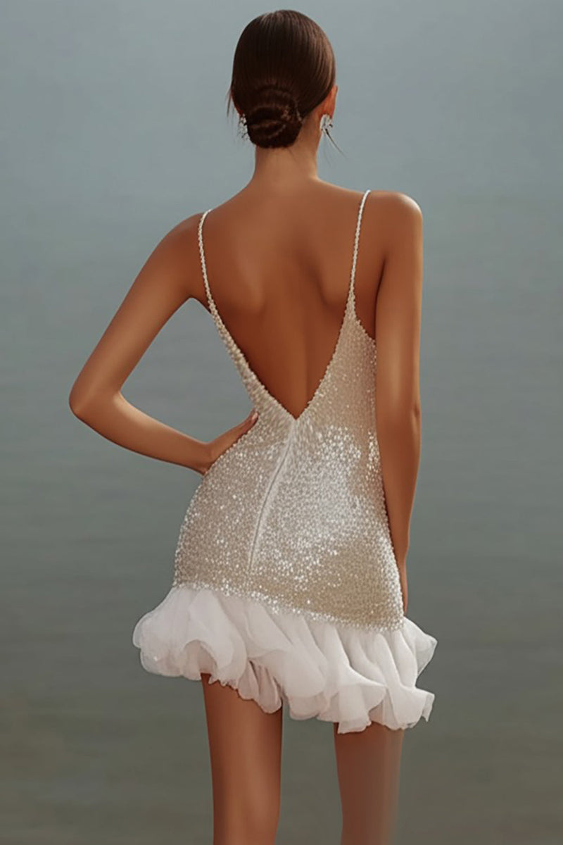 Load image into Gallery viewer, White Bodycon Spaghetti Straps Sequin Short Graduation Dress
