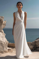 Load image into Gallery viewer, White V Neck Ruched Long Formal Dress