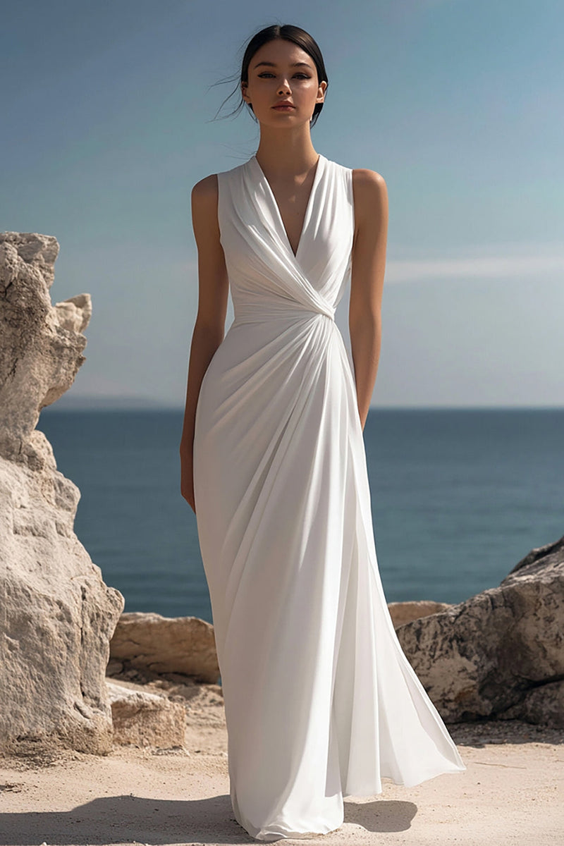 Load image into Gallery viewer, White V Neck Ruched Long Formal Dress