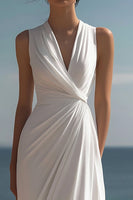Load image into Gallery viewer, White V Neck Ruched Long Formal Dress