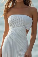 Load image into Gallery viewer, Strapless White A Line Pleated Beach Dress with Slit
