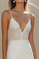 Load image into Gallery viewer, Sparkly White Sequins Bodycon Spaghetti Straps Graduation Dress