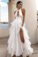Load image into Gallery viewer, White A-Line Halter Ruffle Long Formal Dress with High Slit