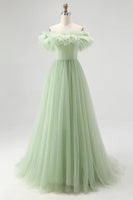 Load image into Gallery viewer, Dusty Sage A Line Off the Shoulder Tulle Prom Dress with Ruffles