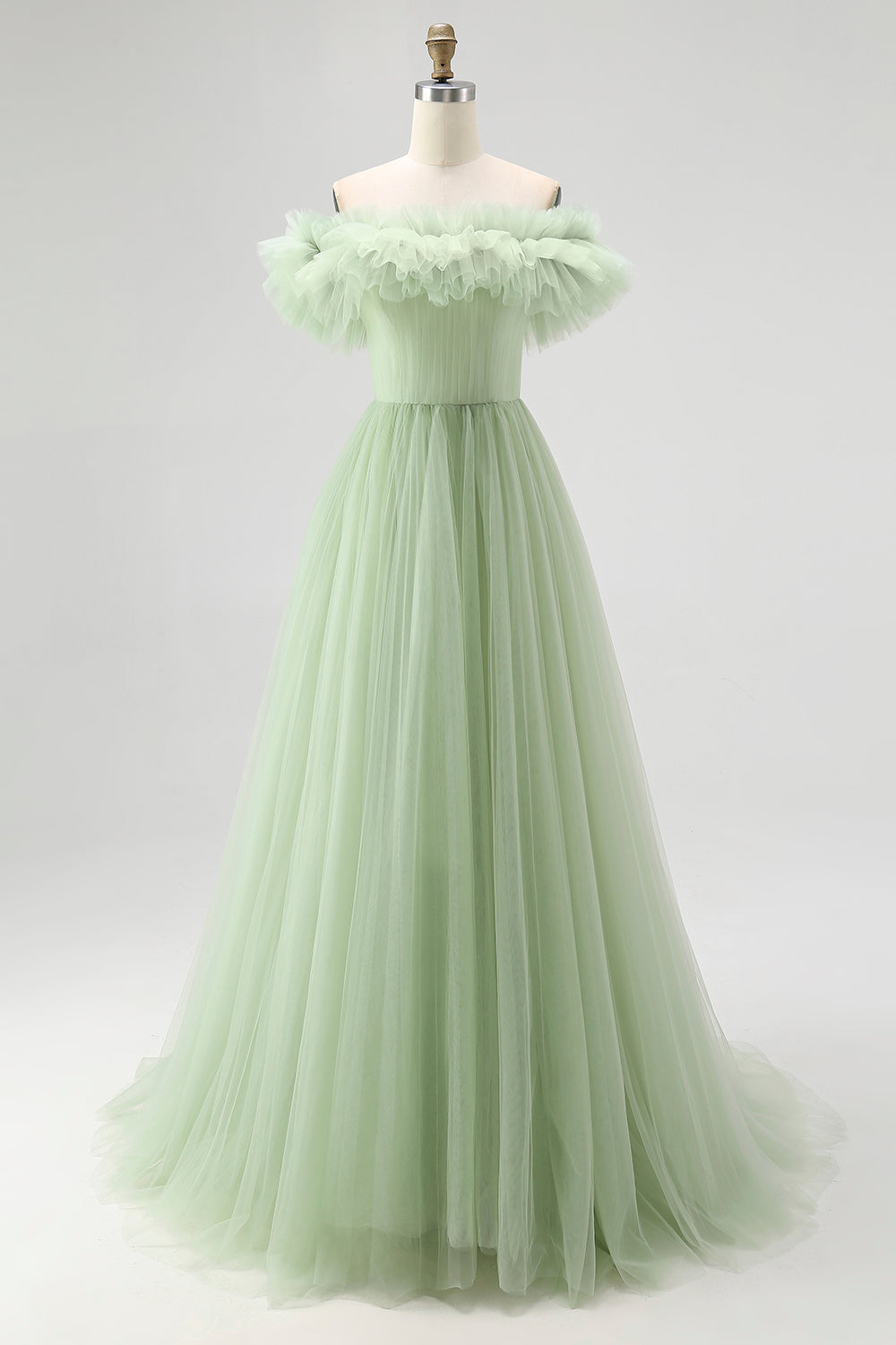 Dusty Sage A Line Off the Shoulder Tulle Prom Dress with Ruffles