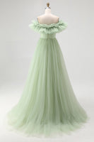 Load image into Gallery viewer, Dusty Sage A Line Off the Shoulder Tulle Prom Dress with Ruffles