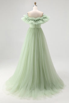 Dusty Sage A Line Off the Shoulder Tulle Prom Dress with Ruffles