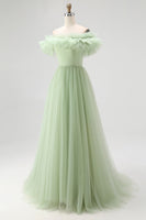 Load image into Gallery viewer, Dusty Sage A Line Off the Shoulder Tulle Prom Dress with Ruffles
