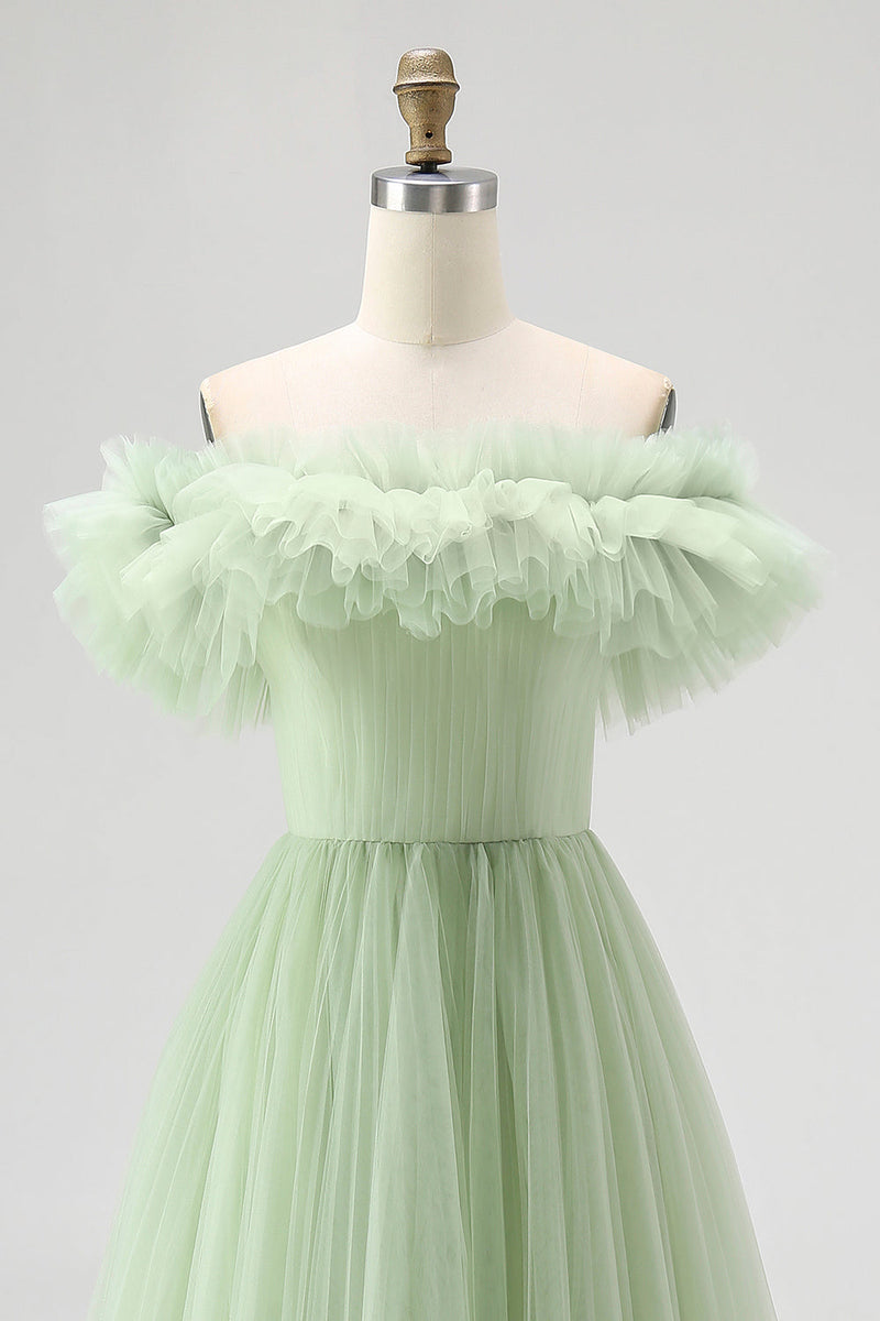 Load image into Gallery viewer, Dusty Sage A Line Off the Shoulder Tulle Prom Dress with Ruffles