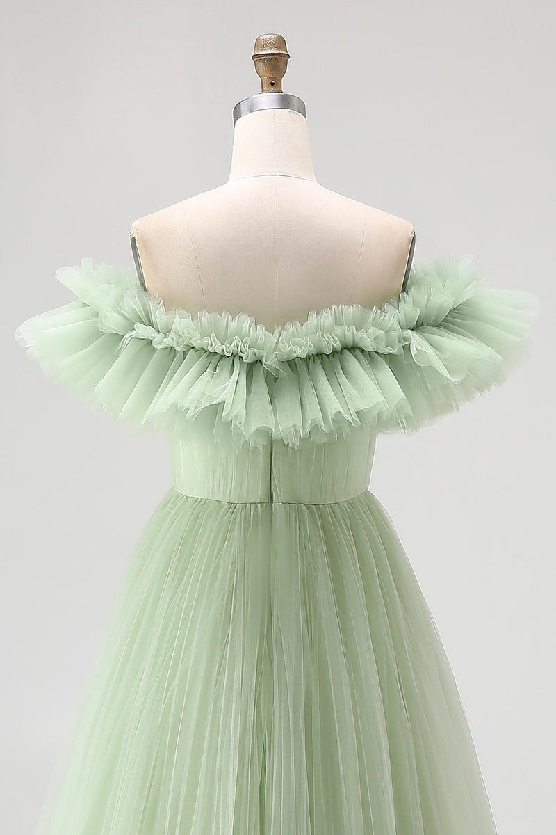 Load image into Gallery viewer, Dusty Sage A Line Off the Shoulder Tulle Prom Dress with Ruffles