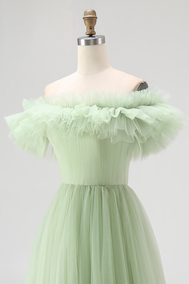 Load image into Gallery viewer, Dusty Sage A Line Off the Shoulder Tulle Prom Dress with Ruffles