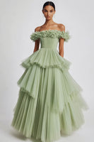 Load image into Gallery viewer, Dusty Sage Off The Shoulder A Line Ruffles Prom Dress