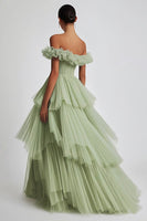 Load image into Gallery viewer, Dusty Sage Off The Shoulder A Line Ruffles Prom Dress
