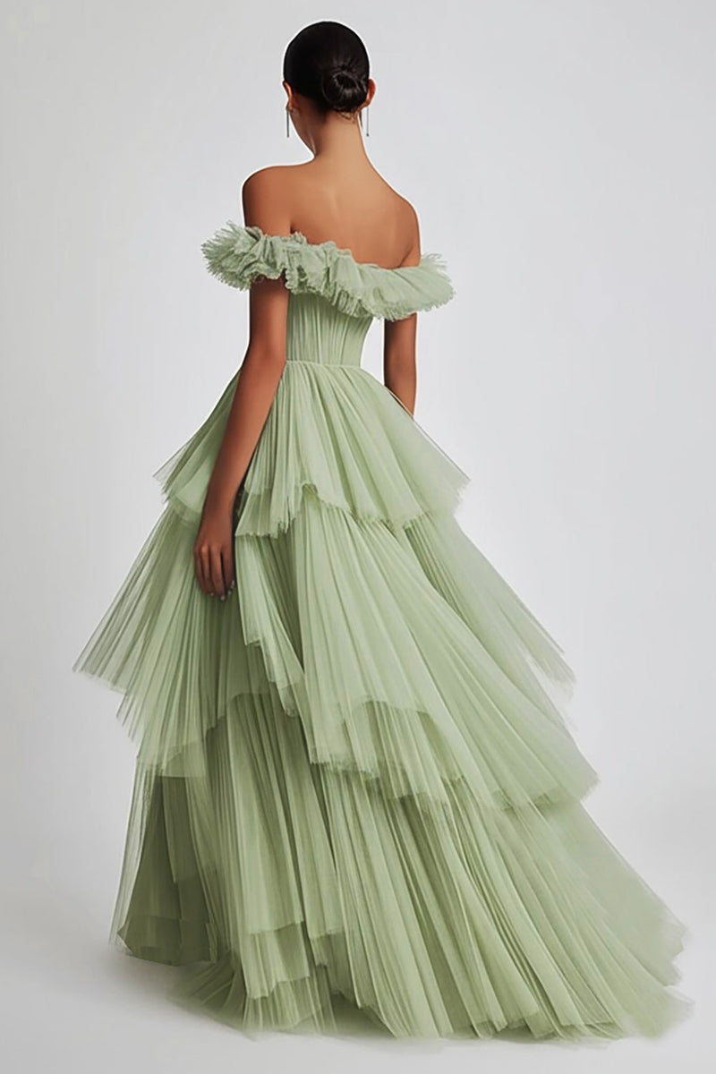 Load image into Gallery viewer, Dusty Sage Off The Shoulder A Line Ruffles Prom Dress
