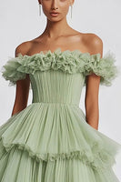 Load image into Gallery viewer, Dusty Sage Off The Shoulder A Line Ruffles Prom Dress
