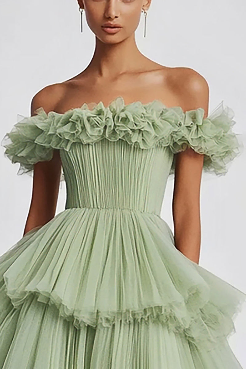 Load image into Gallery viewer, Dusty Sage Off The Shoulder A Line Ruffles Prom Dress