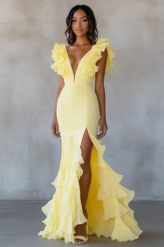 Yellow V-Neck Mermaid Ruffles Formal Dress with Slit