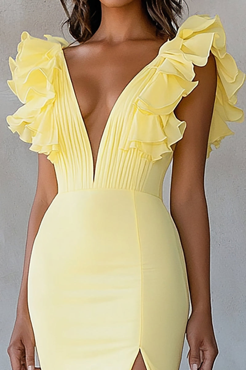 Load image into Gallery viewer, Yellow V-Neck Mermaid Ruffles Formal Dress with Slit