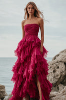 Load image into Gallery viewer, Fuchsia Ruffle A Line Strapless Long Formal Dress with Slit