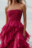 Load image into Gallery viewer, Fuchsia Ruffle A Line Strapless Long Formal Dress with Slit