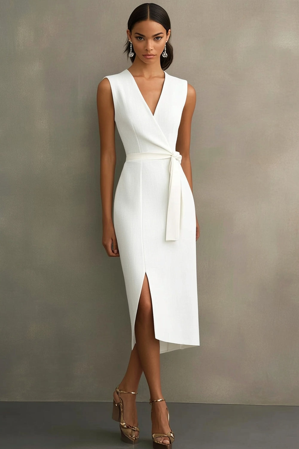 White Satin V-Neck Formal Dress with Belt