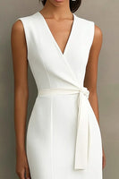 Load image into Gallery viewer, White Satin V-Neck Formal Dress with Belt