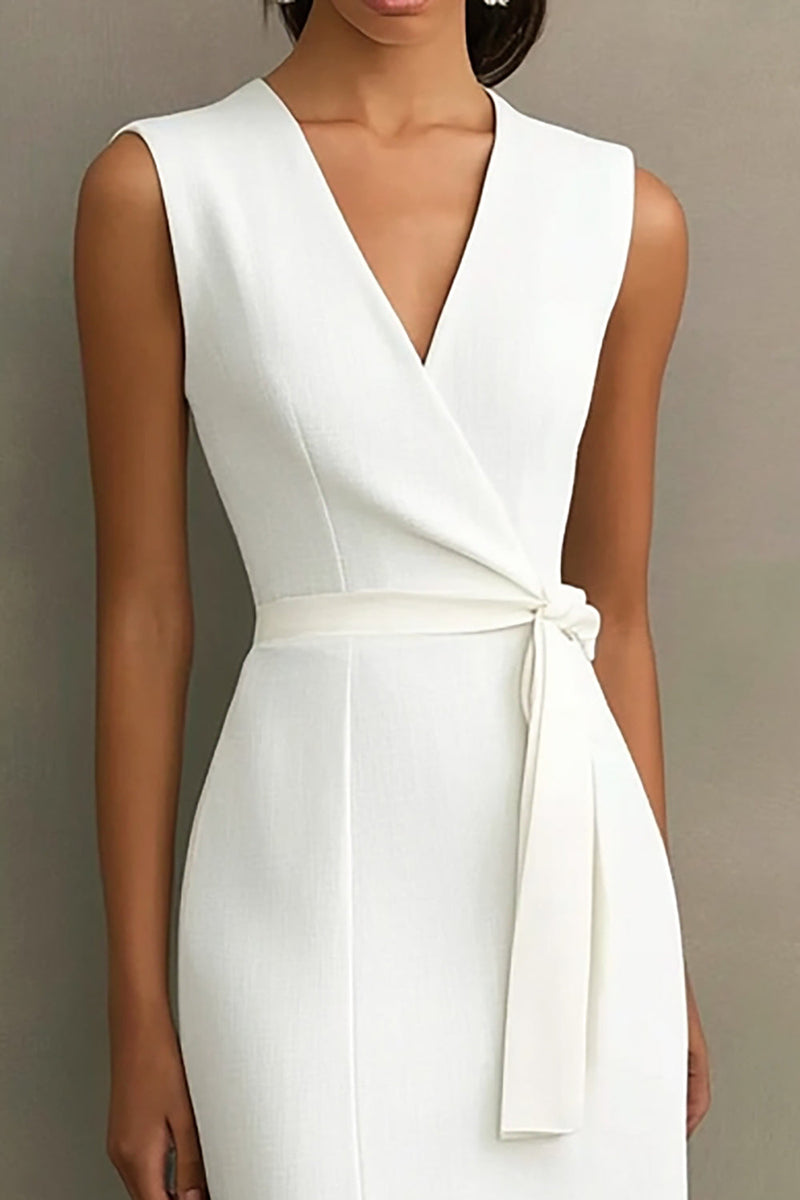 Load image into Gallery viewer, White Satin V-Neck Formal Dress with Belt