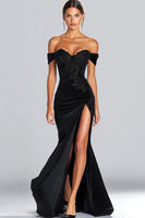 Load image into Gallery viewer, Black Off The Shoulder Satin Mermaid Gala Dress with Slit