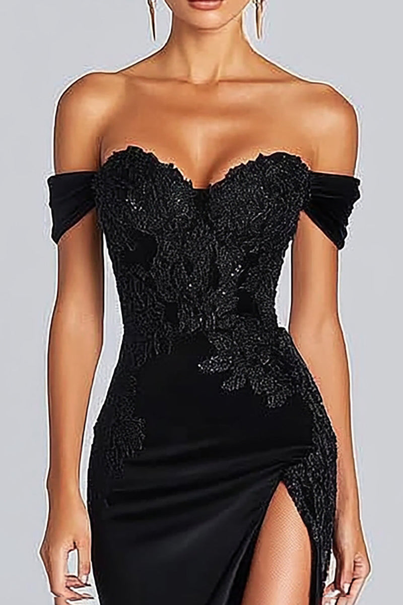 Load image into Gallery viewer, Black Off The Shoulder Satin Mermaid Gala Dress with Slit