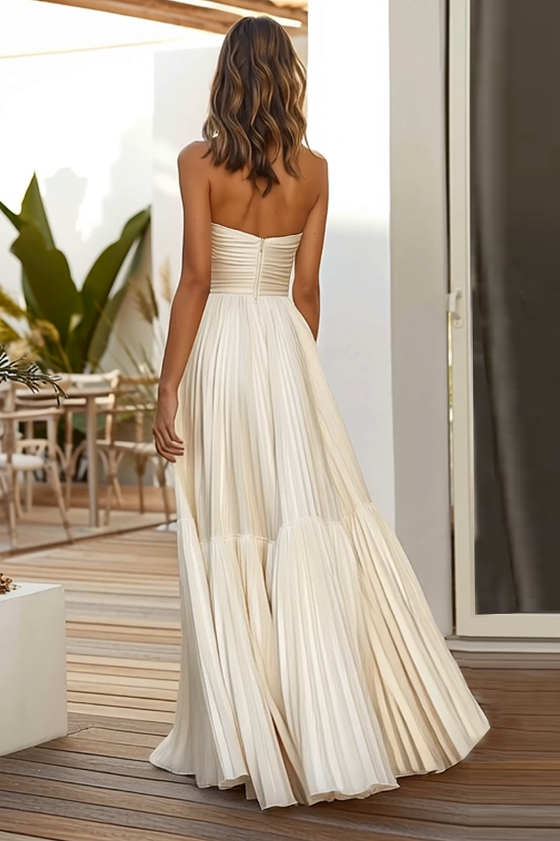 Load image into Gallery viewer, Champagne A Line Strapless Pleated Long Wedding Guest Dress