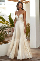 Load image into Gallery viewer, Champagne A Line Strapless Pleated Long Wedding Guest Dress