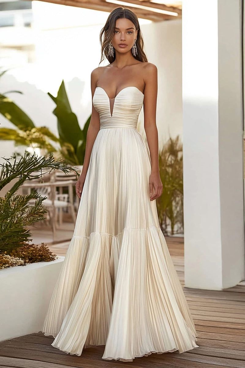 Load image into Gallery viewer, Champagne A Line Strapless Pleated Long Wedding Guest Dress