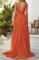 Load image into Gallery viewer, Orange Ruffled A Line Chiffon Wedding Guest Dress