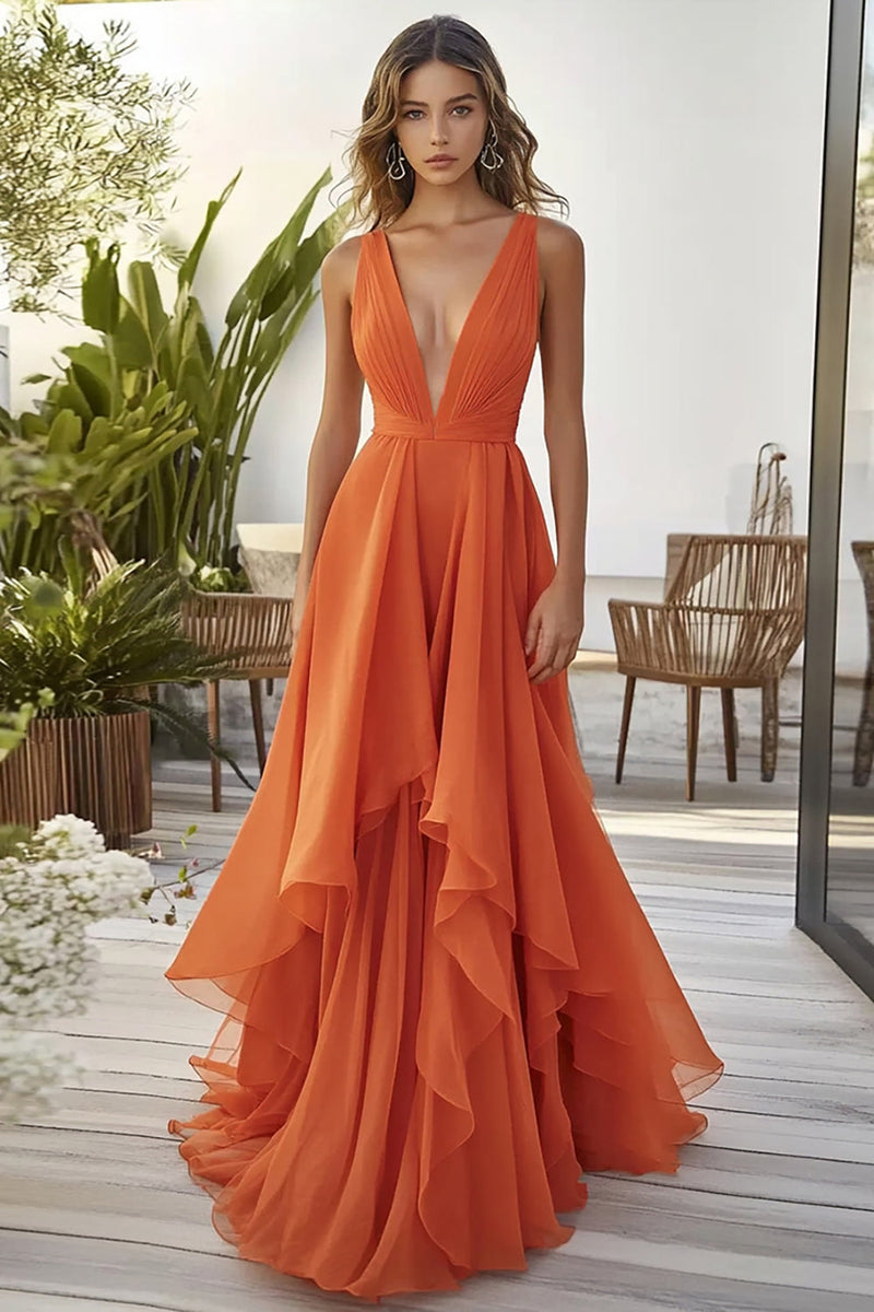 Load image into Gallery viewer, Orange Ruffled A Line Chiffon Wedding Guest Dress